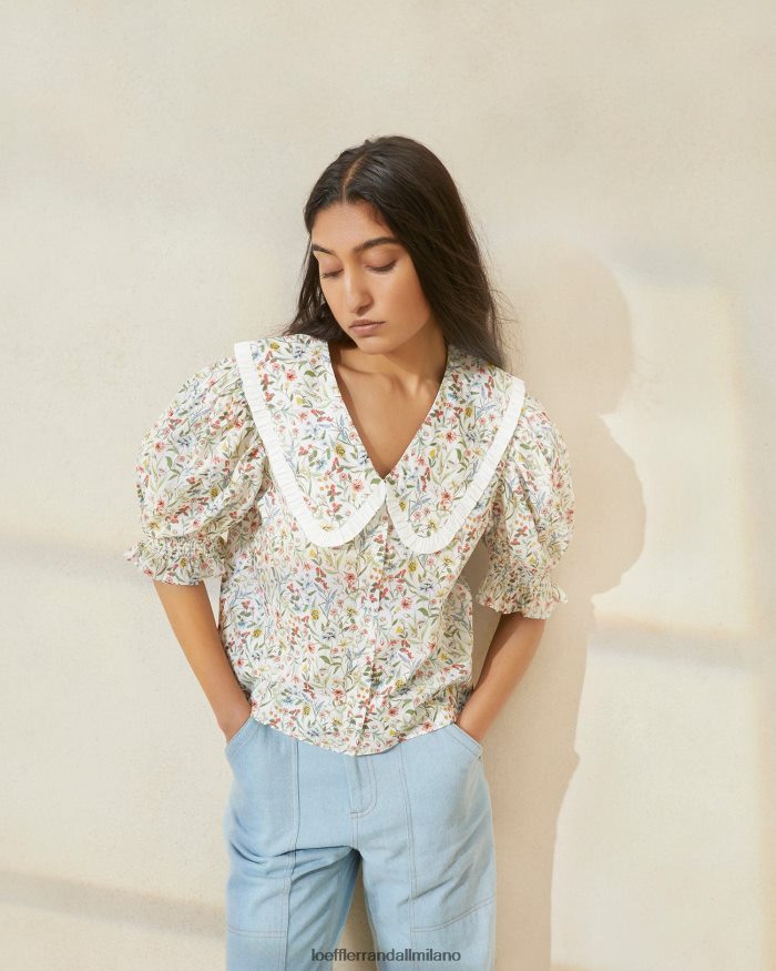 esso Loeffler Randall donne Blusa Chantal con maniche a sbuffo crema/trifoglio/papavero multi floreale T4022J202 vestiti