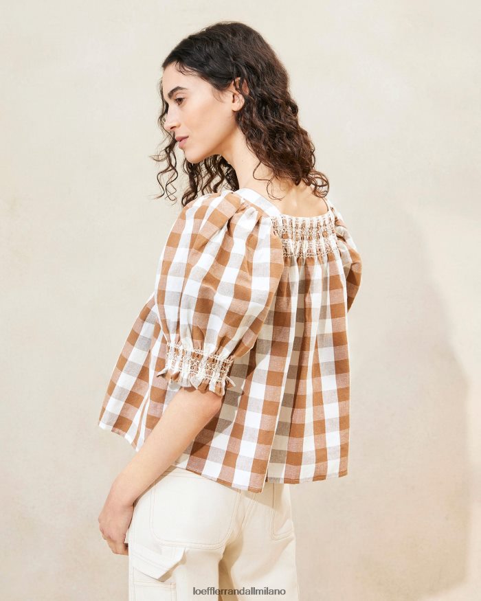 esso Loeffler Randall donne Lydie top in punto smock percalle marrone T4022J210 vestiti