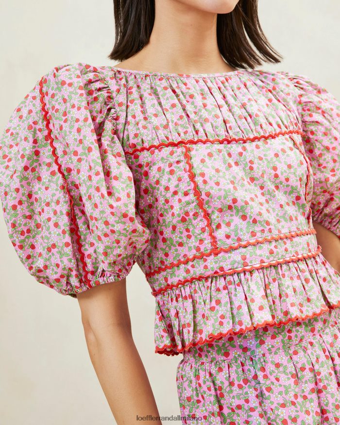 esso Loeffler Randall donne Top peplo Anna con maniche a sbuffo alla fragola stampa di fragole T4022J205 vestiti