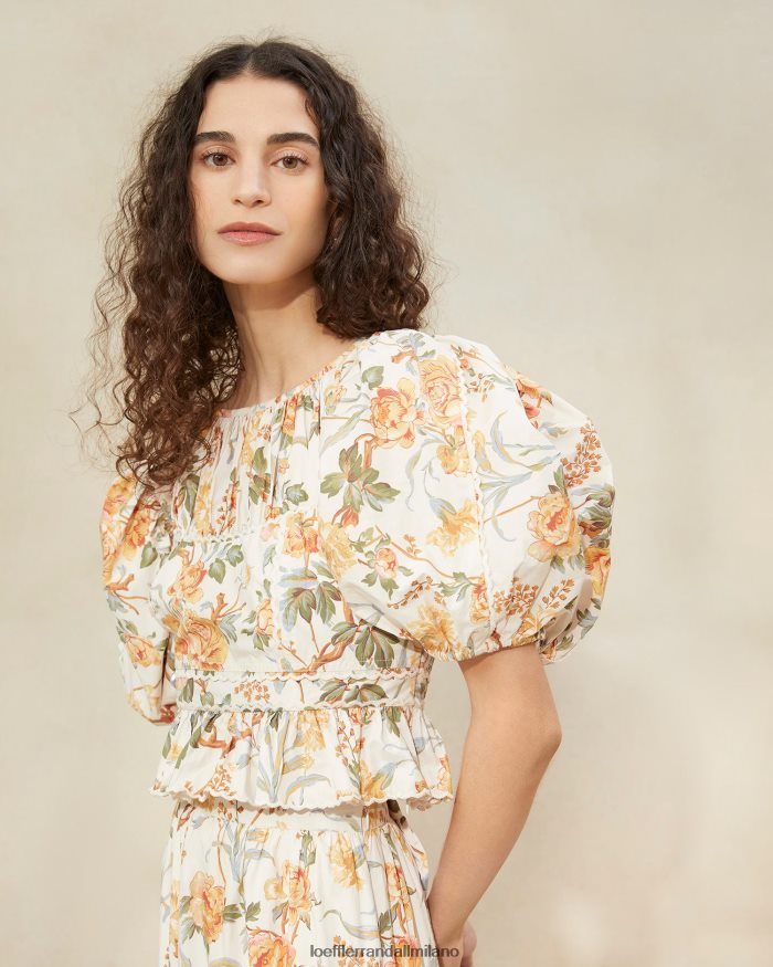esso Loeffler Randall donne Top peplo Anna con maniche a sbuffo floreale botanico crema T4022J206 vestiti