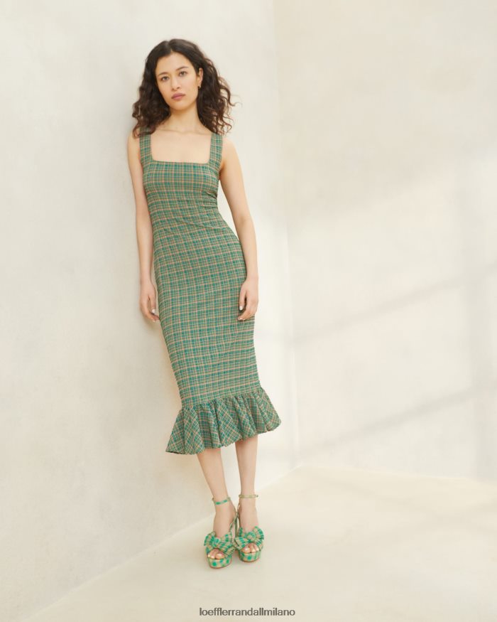 esso Loeffler Randall donne abito canotta yessica con volant sull'orlo plaid verde/burro T4022J188 vestiti